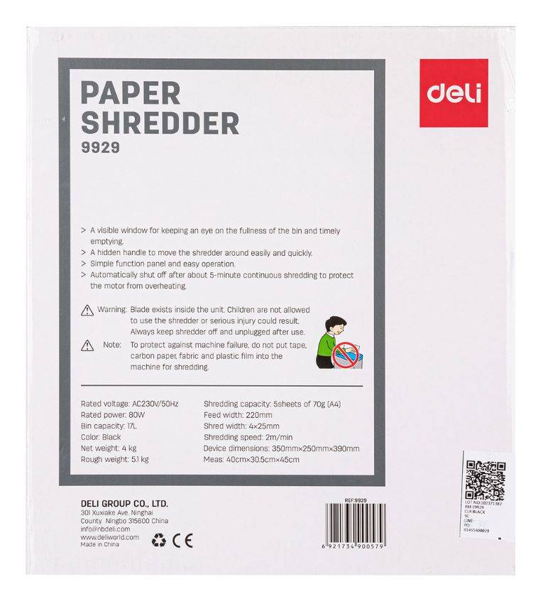 Deli 9929 Destructeur de Papier - Sécurité Maximale pour Vos Documents